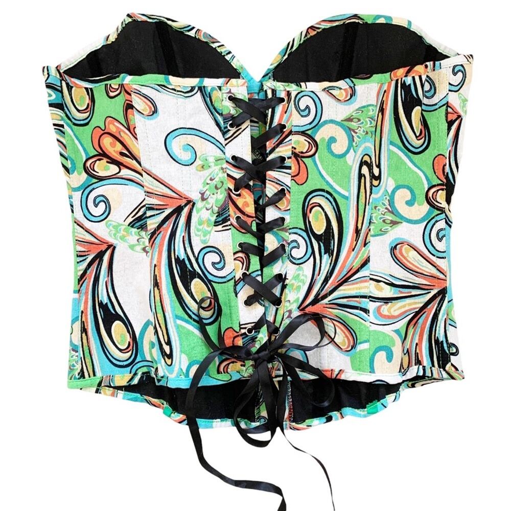 Alivila Retro Inspired Multicolor Printed Denim Lace Up Back Corset Bustier XL - Picture 4 of 11